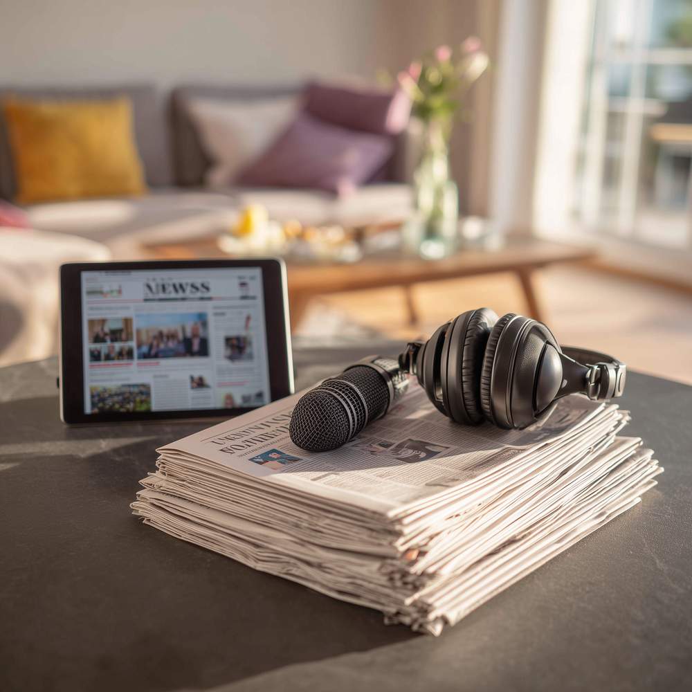 Une pile de journaux avec un micro et un casque dessus